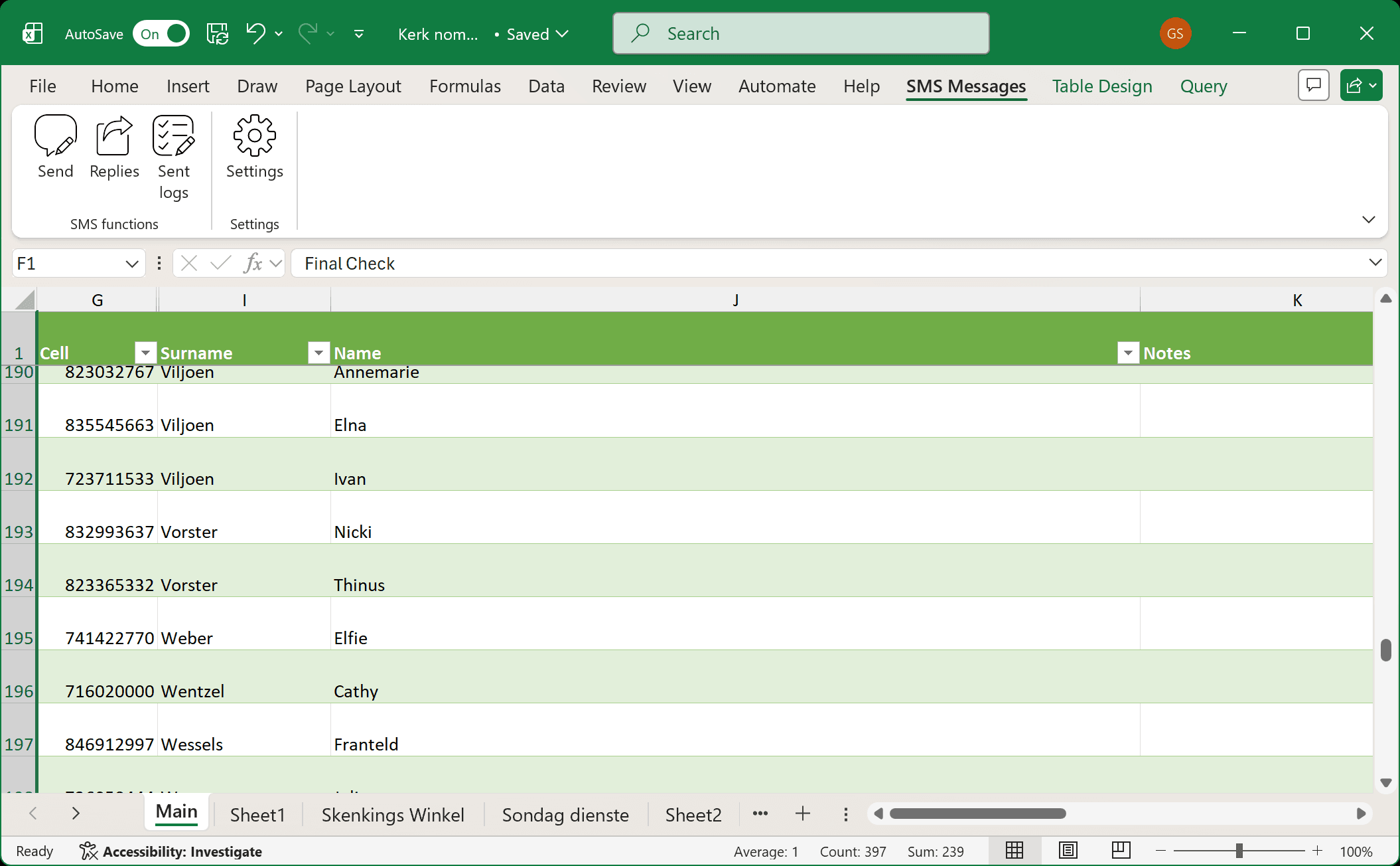 BlinkLink SMS add-in inside Microsoft Excel
